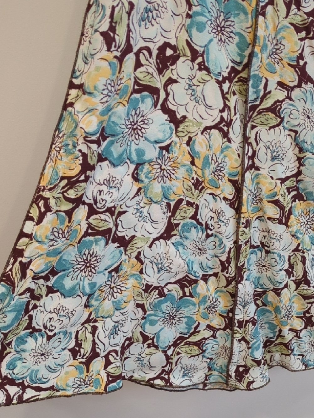 Loco Lindo Vintage Y2K 90s Floral A-Line Skirt in Teal Brown Cream Size Large - Picture 3 of 8